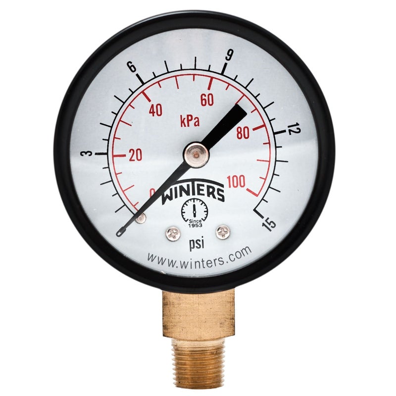 Winters 2 inch Dial Size, Economy Utility Dry Pressure Gauge, Brass Internals, Black Steel Case, Dual Scale 0-15 psi/kPa, 3-2-3% Accuracy, 1/8 inch NPT Bottom Mount, Multi Function Pressure Gauge